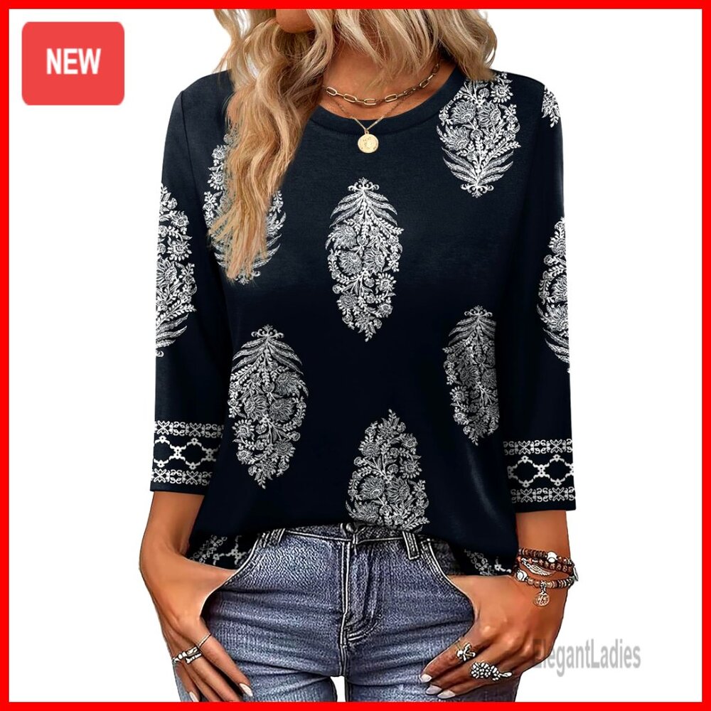 3/4 Sleeve Crew Neck T-Shirt Loose Fit Blouse Dressy Casual